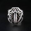 Front view of solid silver heater shield ring with sword emblem