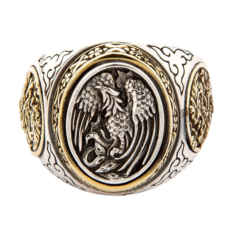 E mannelijke twee-kleurige Japanse ring met een zilveren feniks op het aansicht en een gouden messing draken op de zijde.