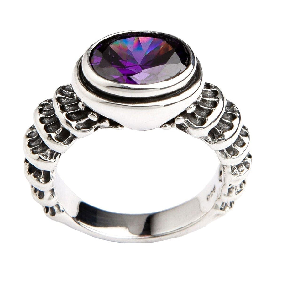 Vista anteriore dell'anello Amethyst Uomo con pietra viola profonda e fascia argentea
