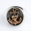 Mens anchor signet ring top view showing detailed brass anchor and heart craftsmanship