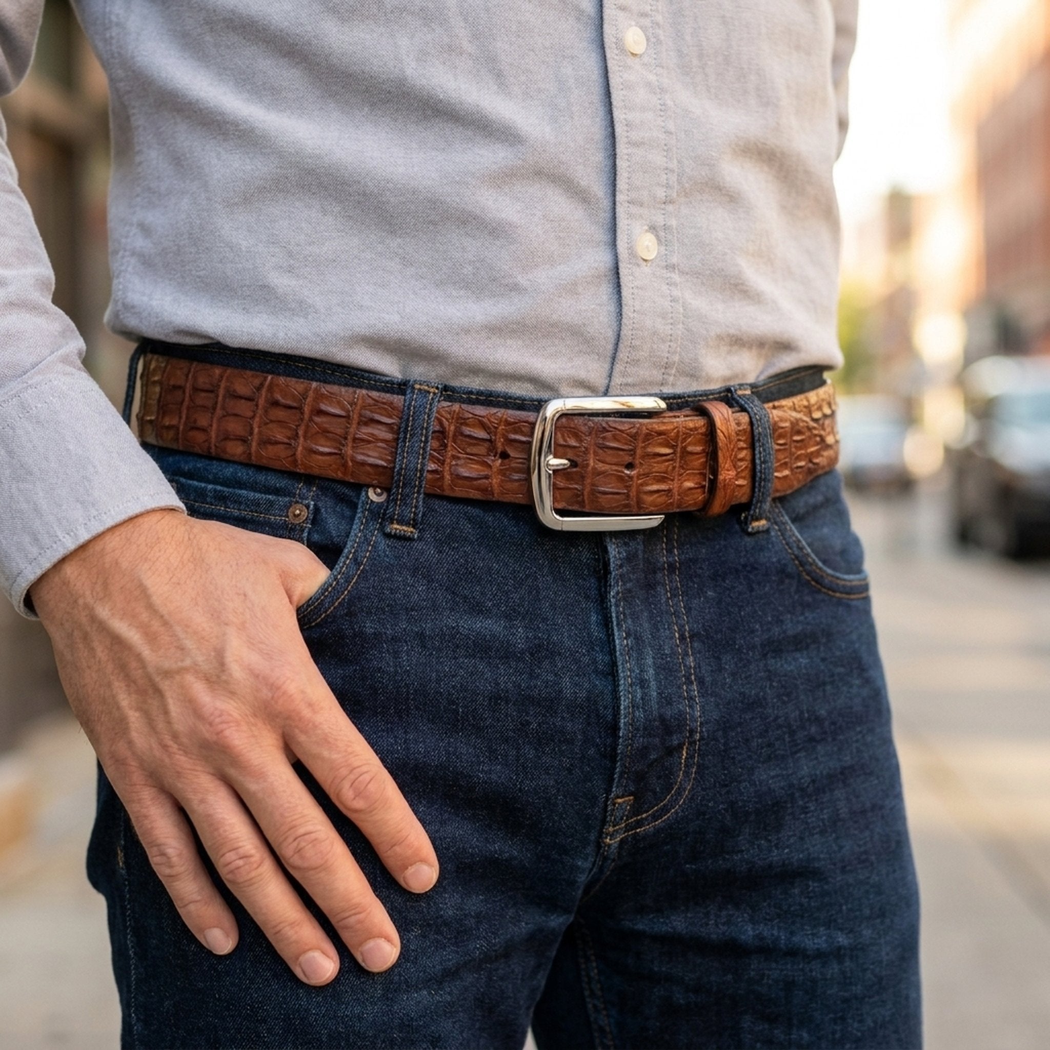Cognac Crocodile Belt for Men — Warm Brown Exotic Skin