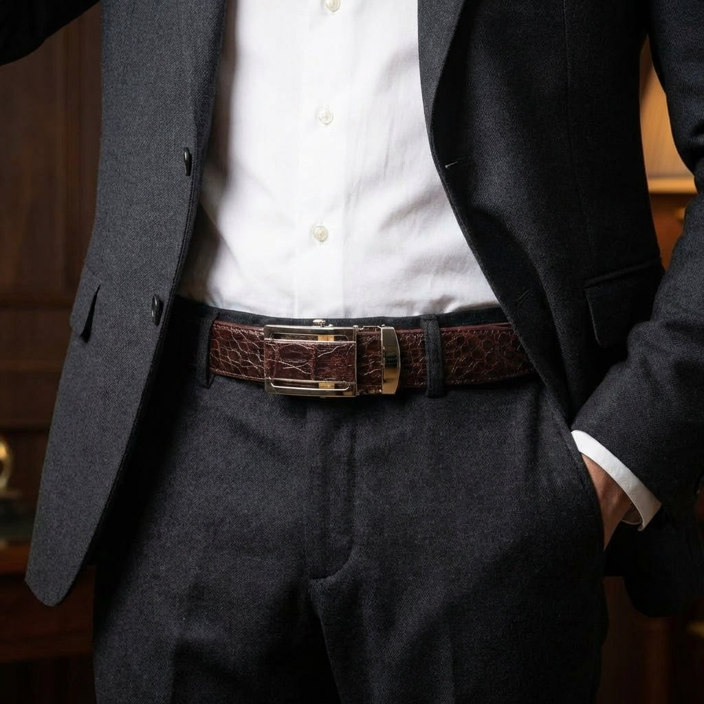 Dark Brown Crocodile Belt Genuine Leather with Automatic Buckle Dark Brown Crocodile Belt Genuine Leather with Automatic Buckle
