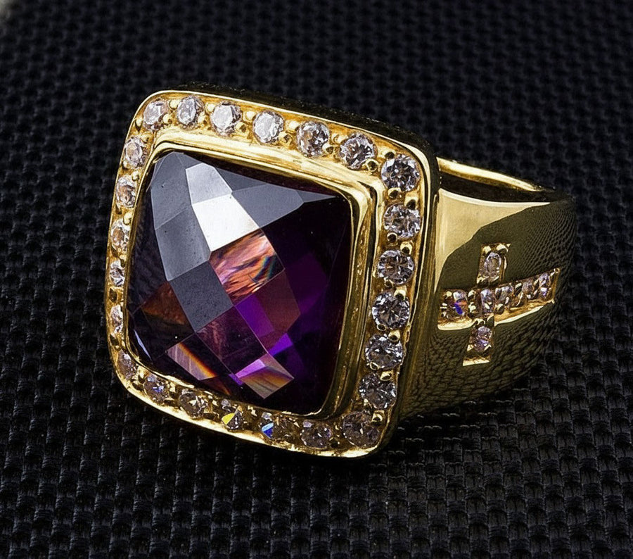 A men's gold cross bishop ring featuring a large square-cut amethyst and a diamond-accented cross on the band.