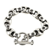 Men's heavy sterling silver Iron Cross biker bracelet with a skull T-bar clasp.