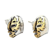 Angled shot of the Mexican wrestler mask earrings highlighting the brass eye details.