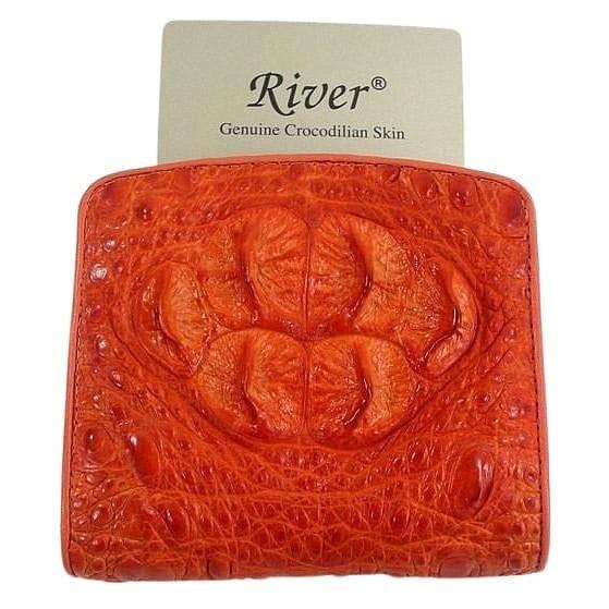 Portefeuille en cuir véritable de crocodile Orange par River avec écailles texturées en relief et tons ambre-papaye