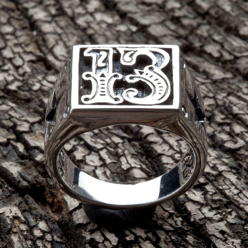 Number 13 Sterling Silver Biker Ring — Gothic Star | Bikerringshop