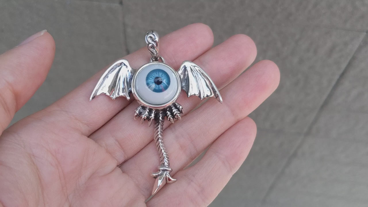 Blue Eyeball Wings Pendant — Oversized Gothic Necklace