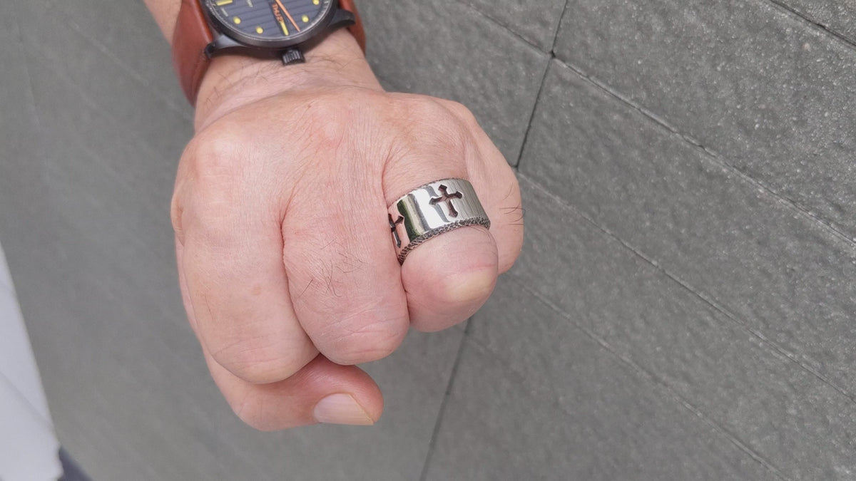 Cut-Out Cross Ring — 17g Wide Silver Faith Band