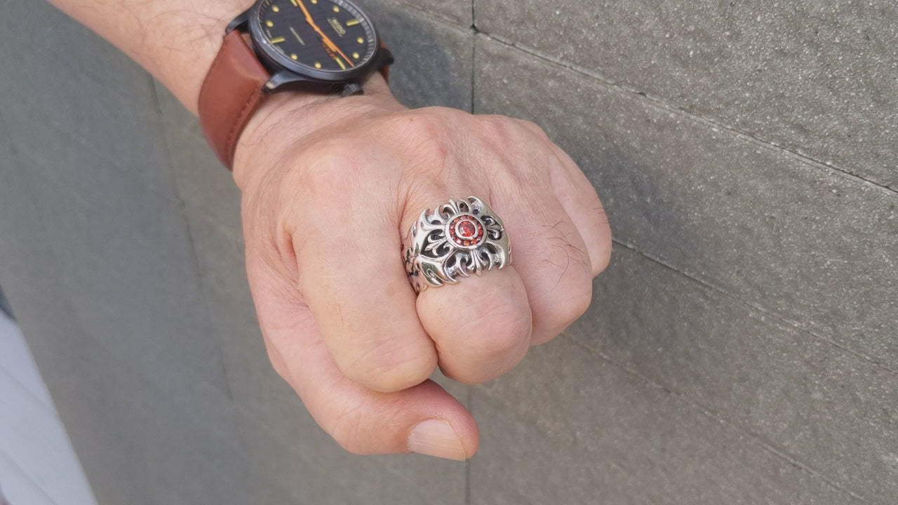 Garnet Tribal Cross Ring — Gothic Statement | Bikerringshop