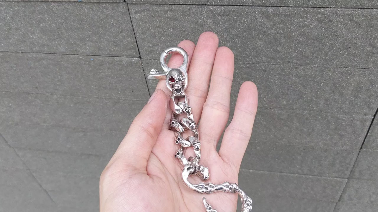 Solid Silver Skull Keychain — Heavy Biker Key Fob