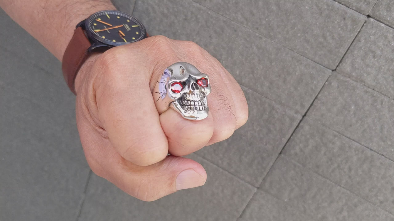 Skull Ring with Red Garnet CZ Eyes — Jeweled Gothic
