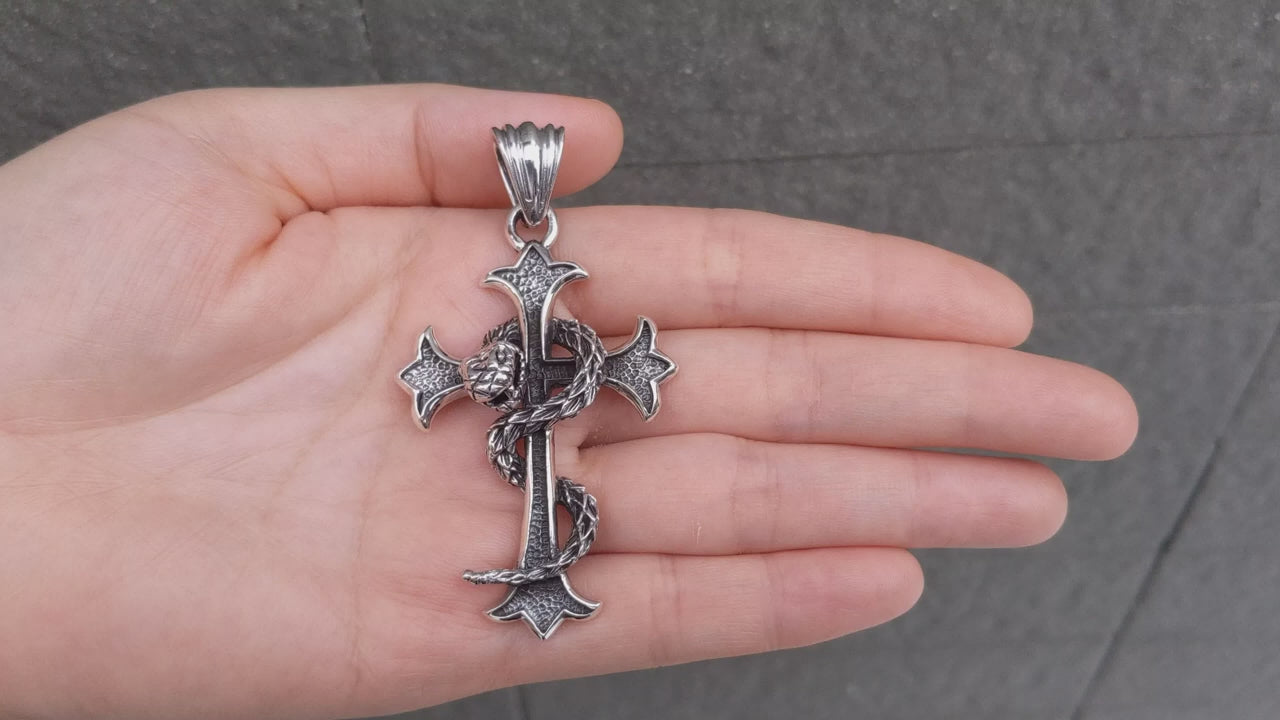 Snake Cross Pendant — Dark Serpent & Faith Necklace