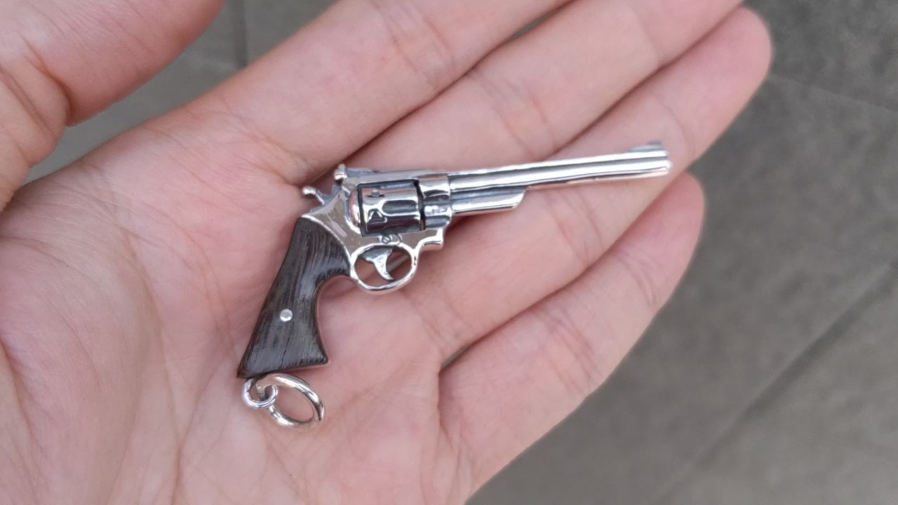 Western Gun Pendant for Men — Silver & Wood Six-Shooter