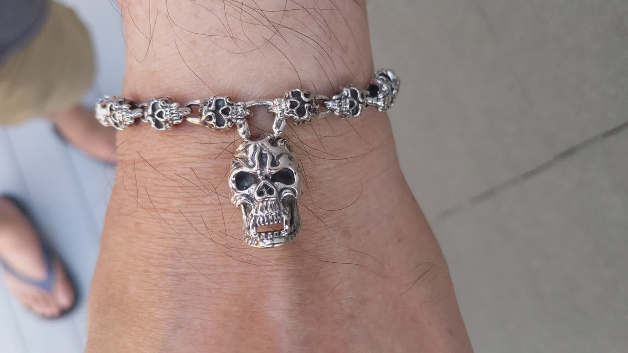 Flame Skull Biker Bracelet | Heavy Solid Silver Toggle Chain