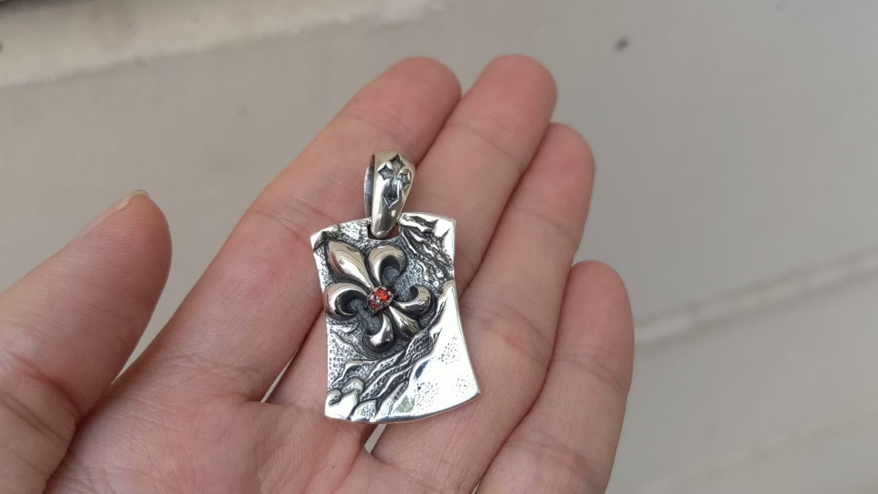 Garnet Fleur de Lis Dog Tag — Handcrafted Gothic Pendant