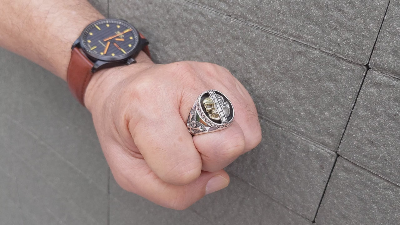 ドイツ軍 スカルボーンズ ヴィンテージ ミリタリーリング メンズ ソード26号1 スカルクロスボーンズリング — ツートーン海賊バンド