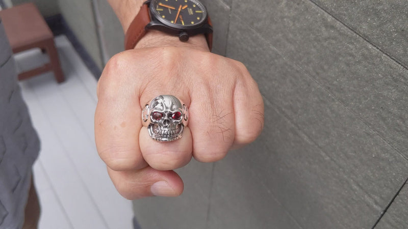 Red Eye Cross Skull Ring — Gothic Biker Statement