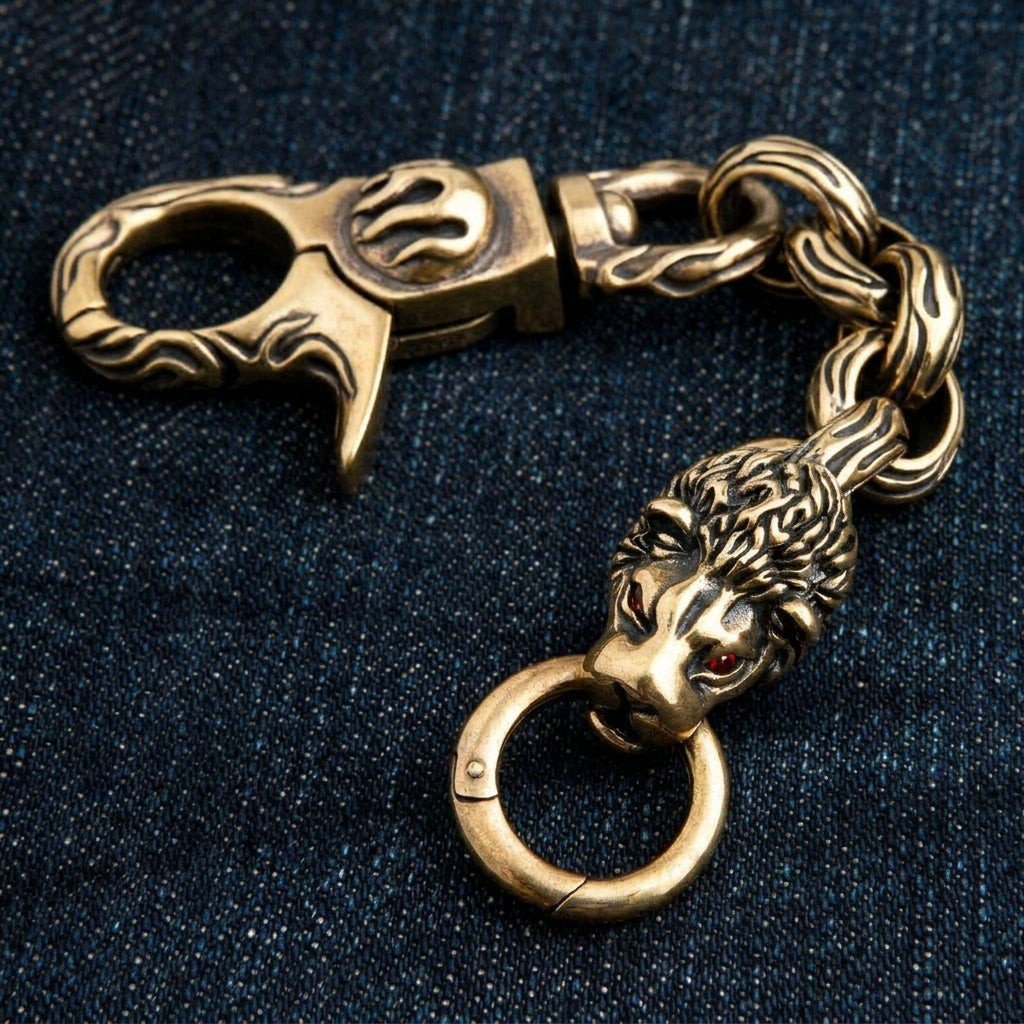 アクセサリー leon.ciel Lion Head Brass Keychain — Vintage Biker Belt-Loop Fob