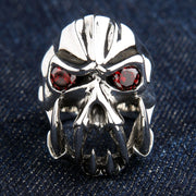 Red Eyes Fang Devil Skull Sterling Silver Biker Ring