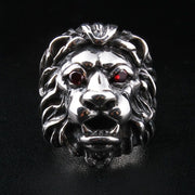 Red Garnet Eyes Sterling Silver Lion Men's Ring