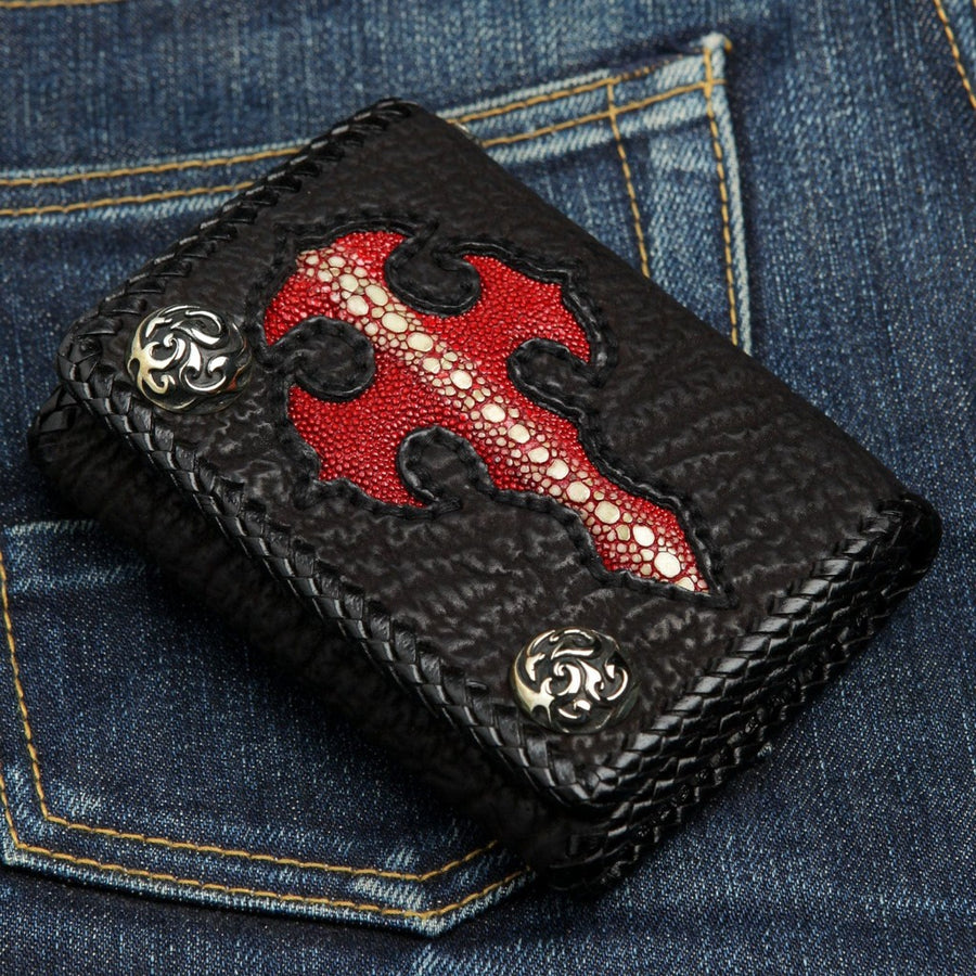 Red stingray leather gothic cross biker wallet with sterling silver hardware front view