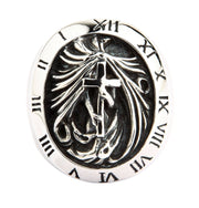 A front view of the large Roman numeral gothic signet ring in sterling silver, showing the 'Struggle of Faith' design.