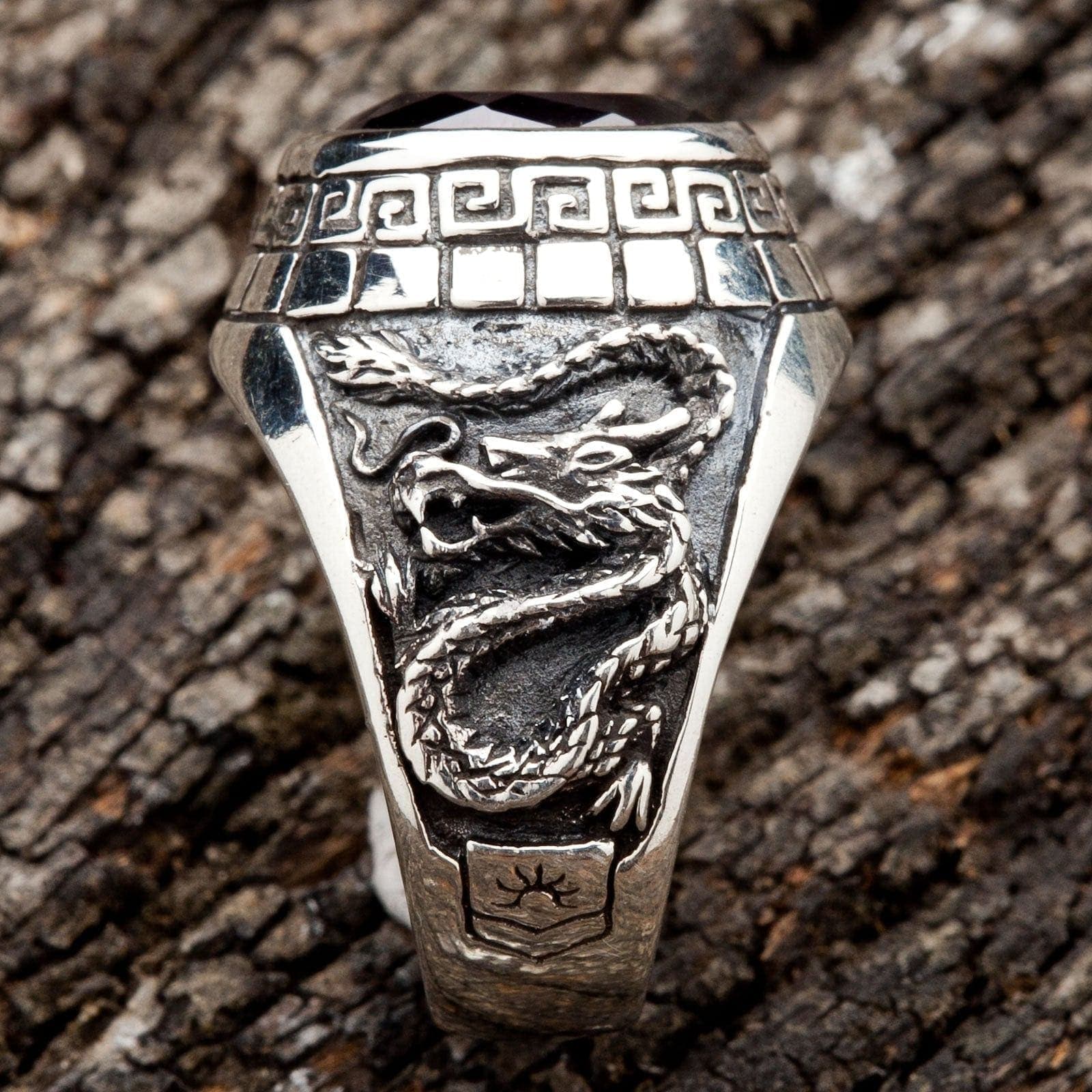 thumbnail image 2 of Bikerringshop Japanese Tiger & Dragon 925 Sterling Silver Men's Ring With Blue Sapphire Stone 2 of 4