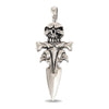 Vorderansicht des Dolch-Anhängers aus .925 Sterlingsilber mit Totenkopf über gekreuzten Knochen und spitz zulaufender Klinge