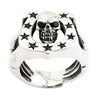 Sterling silver skull horseshoe ring with black CZ stones front view showing detailed skull face and star accents
