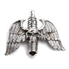 Front view of the solid .925 sterling silver gothic pendant featuring a skull and spark plug design with spread wings.