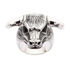 A solid sterling silver bull head ring with genuine black onyx eyes and detailed, ruggedly textured fur.
