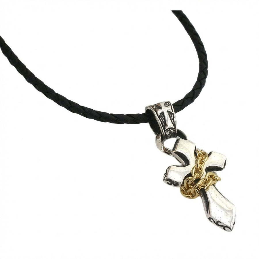 Colgante de cruz en plata de ley 925 con cadena de oro amarillo de 14K sobre collar de cuero trenzado negro