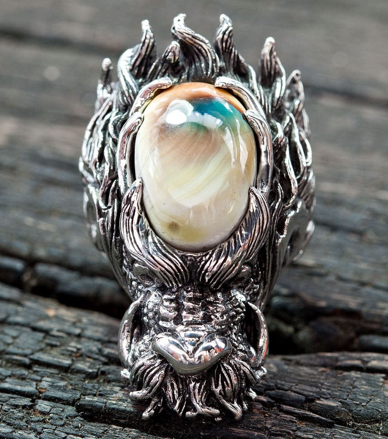 Large Dragon Ring Sterling Silver with Shiva Shell Stone