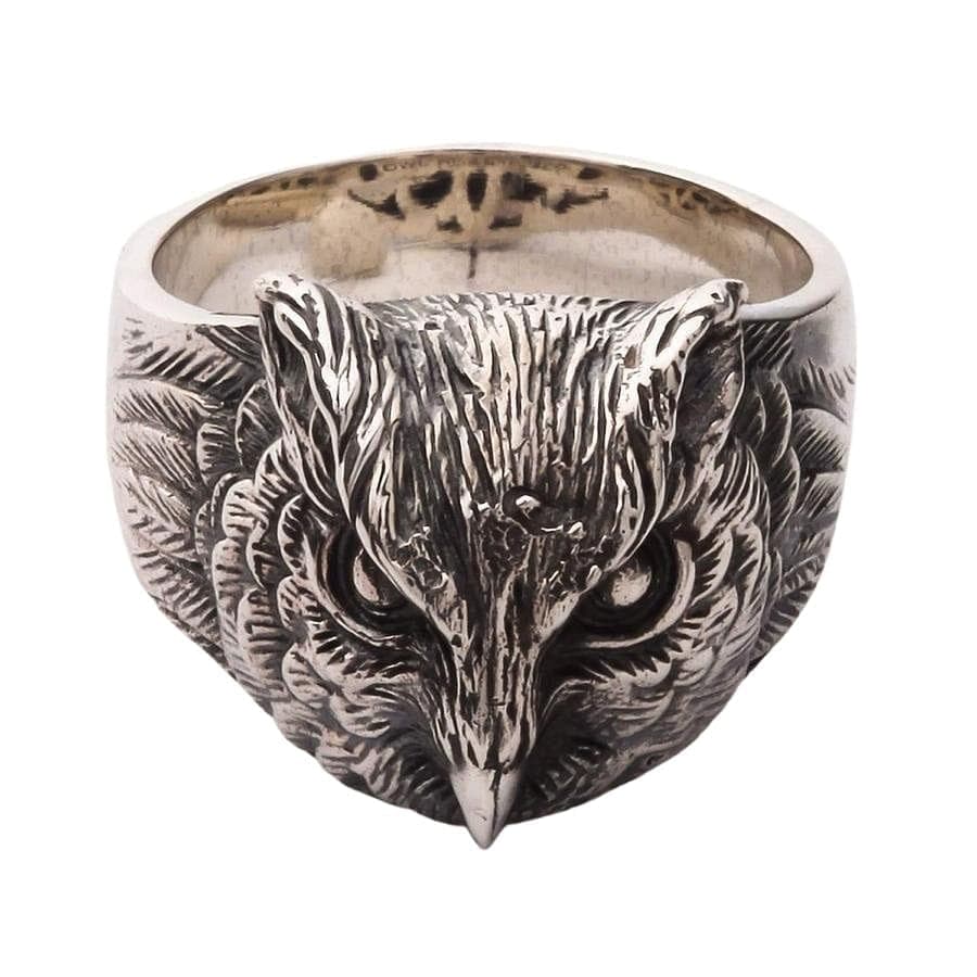 A front view of the sterling silver owl band ring, showing the detailed head and feathered texture.
