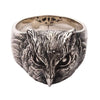 A front view of the sterling silver owl band ring, showing the detailed head and feathered texture.