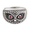 Sterling silver owl ring with red garnet eyes and detailed feather texture front view