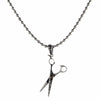 The sterling silver scissors pendant for stylists, shown hanging on a silver ball chain.