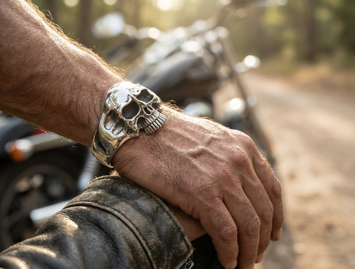 Biker Skull Cuff – Heavy Sterling Silver Men's Skull Bracelet