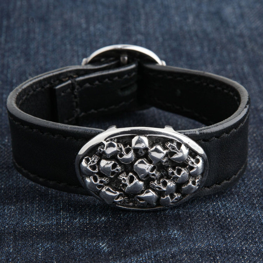 Læderarmbånd med kranium i sterlingsølv til mænd