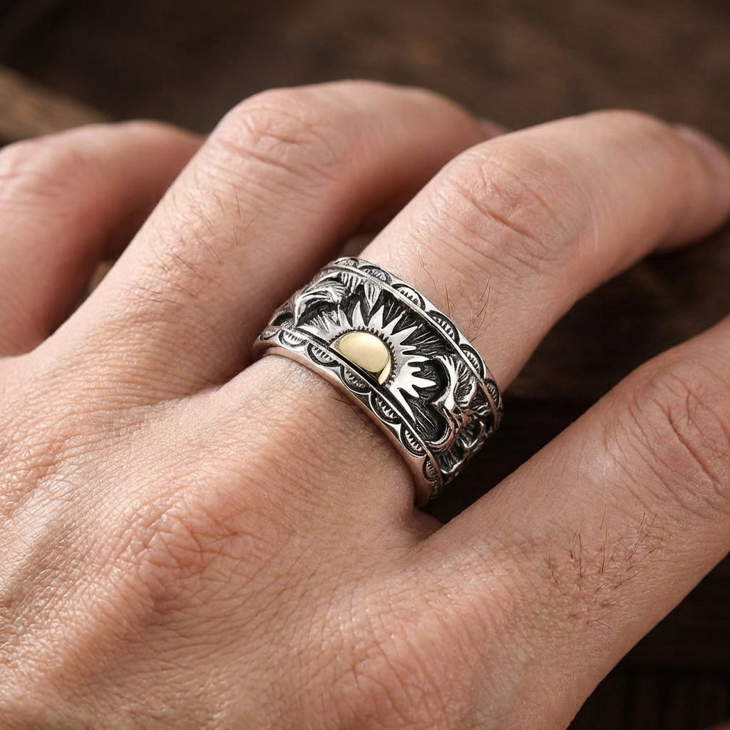 Native American Style Ring with Sun Eagle Bikerringshop