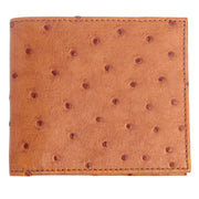 Front view of the tan brown genuine ostrich leather wallet showing the distinctive quill pattern.