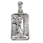 The Hermit tarot card pendant in solid 925 sterling silver, shown on a white background.