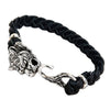 Tiger head sterling silver bracelet with black braided leather band front view showing detailed clasp