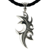 The silver tribal flame pendant shown on a black leather necklace.