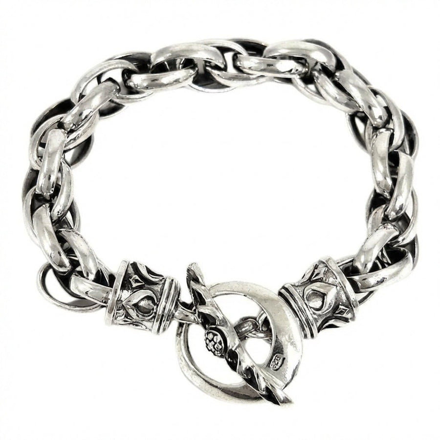 Massives Tribal-Armband aus 925er Sterlingsilber, schwere Panzerkette mit kunstvollem Knebelverschluss, 65g massives Silber, robuster Gliederstil.