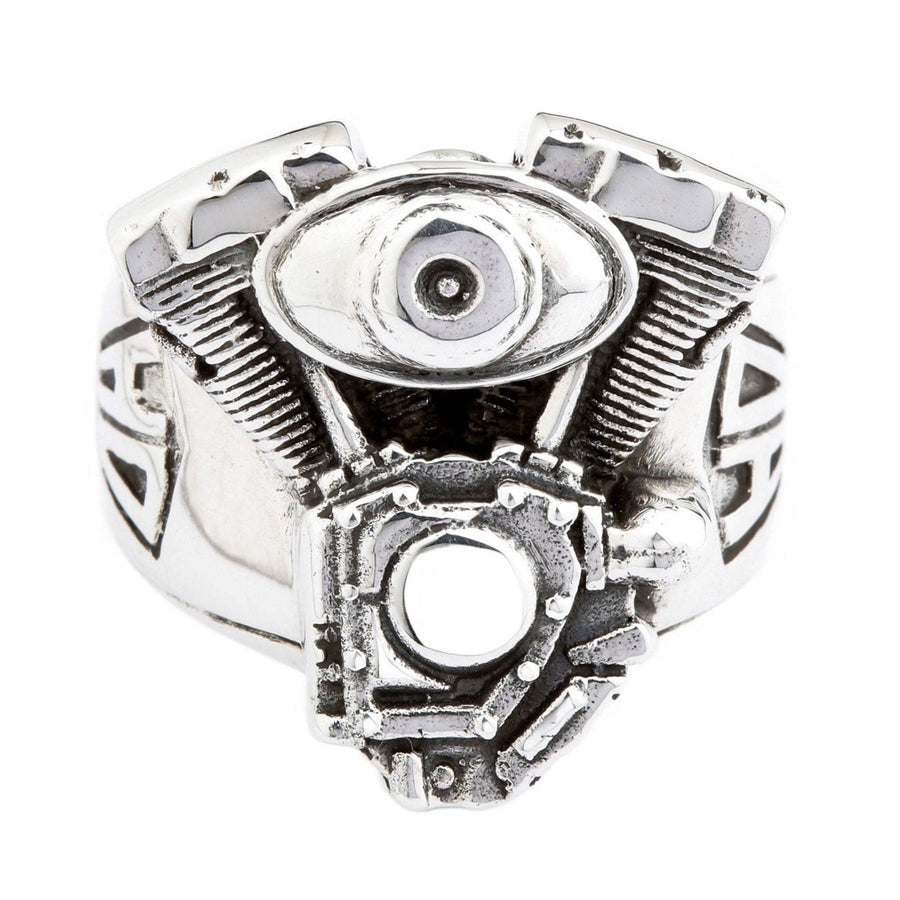 Inel cu motor de motocicletă V-Twin, realizat din argint 925, cu design detaliat, relief cu aripioare de cilindru și filtru de aer.
