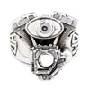 V-Twin motorcycle engine ring in 925 sterling silver showing detailed front view with cylinder fins and air cleaner