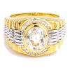 Front view of a men's white topaz ring with a clear oval stone, CZ halo, and two-tone gold watch-band design