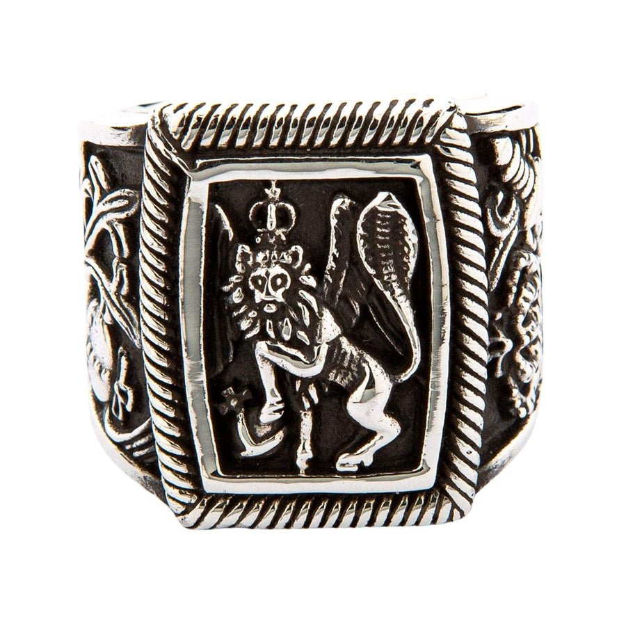 Anello in argento sterling massiccio con il leone alato di San Marco, con leone coronato dettagliato e ornati laterali elaborati.